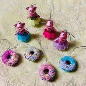 Whimsical Glitter Cow, Pig and Donut Ornaments